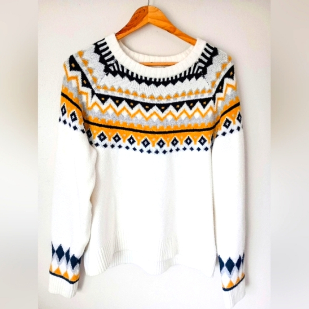 Winter White and Yellow Geometric Sweater